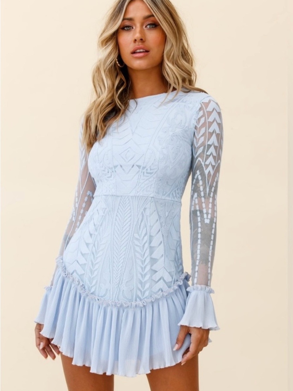 Selfie Leslie Light Blue Lace Long-Sleeve Ruffle Mini Dress